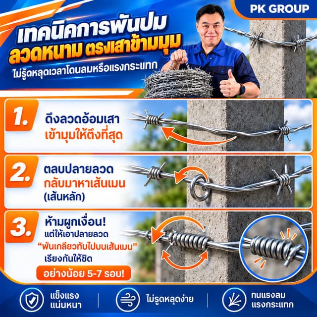 เทคนิคการพันปม ลวดหนาม ตรงเสาเข้ามุม